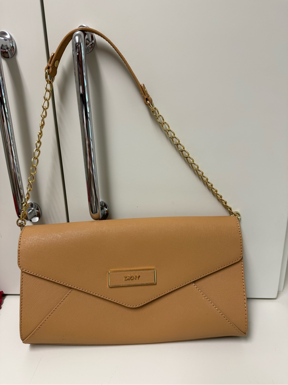 DKNY Tan Envelope Clutch with Gold Chain Strap